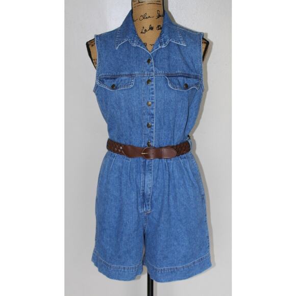 St John's Bay Pants - Vtg 90s St John’s Bay Blue Denim Sleeveless One Piece Shorts Romper Women’s M